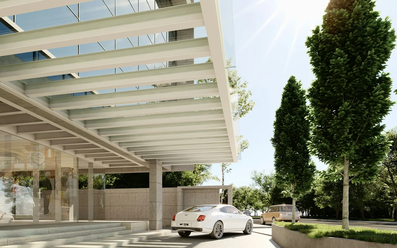 Premium car arriving at a modern corporate building entrance